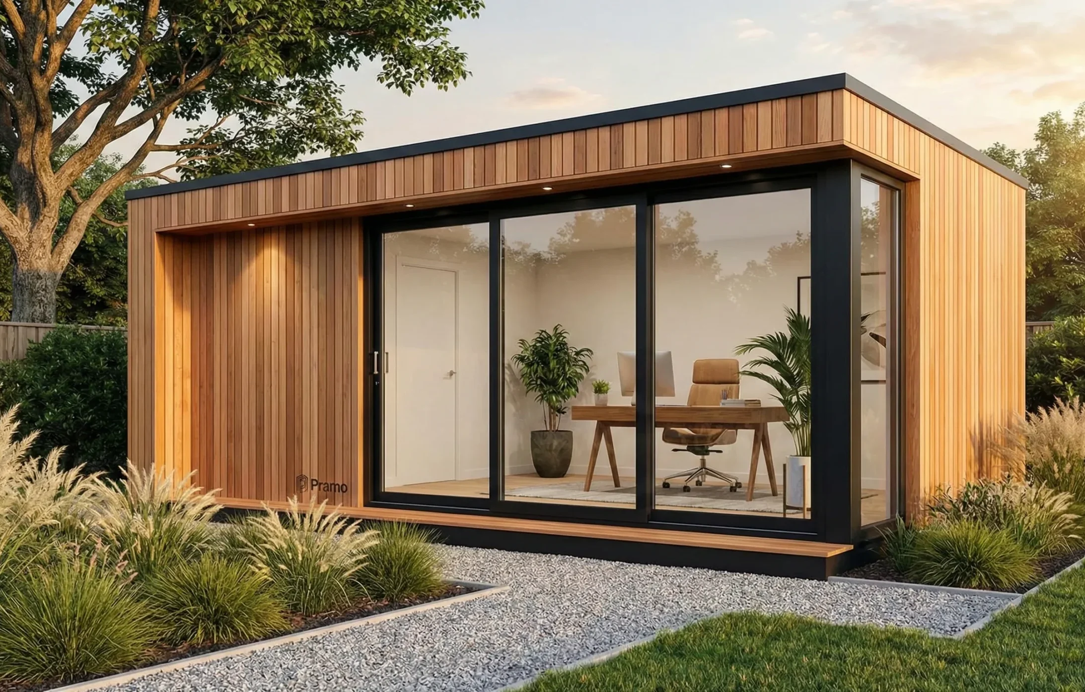 Luxurious prefab garden rooms featuring large panoramic glass doors for natural light and seamless indoor-outdoor living.