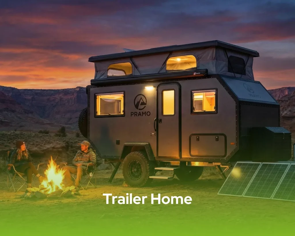 Modern trailer home by Pramo parked on a scenic mountain cliff with solar panels and a wooden deck.