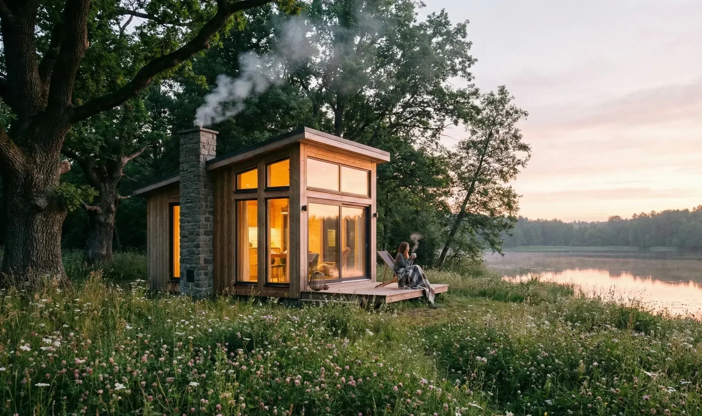 "Luxurious mini house promoting intentional living, surrounded by lush greenery with a cozy outdoor deck perfect for relaxation."