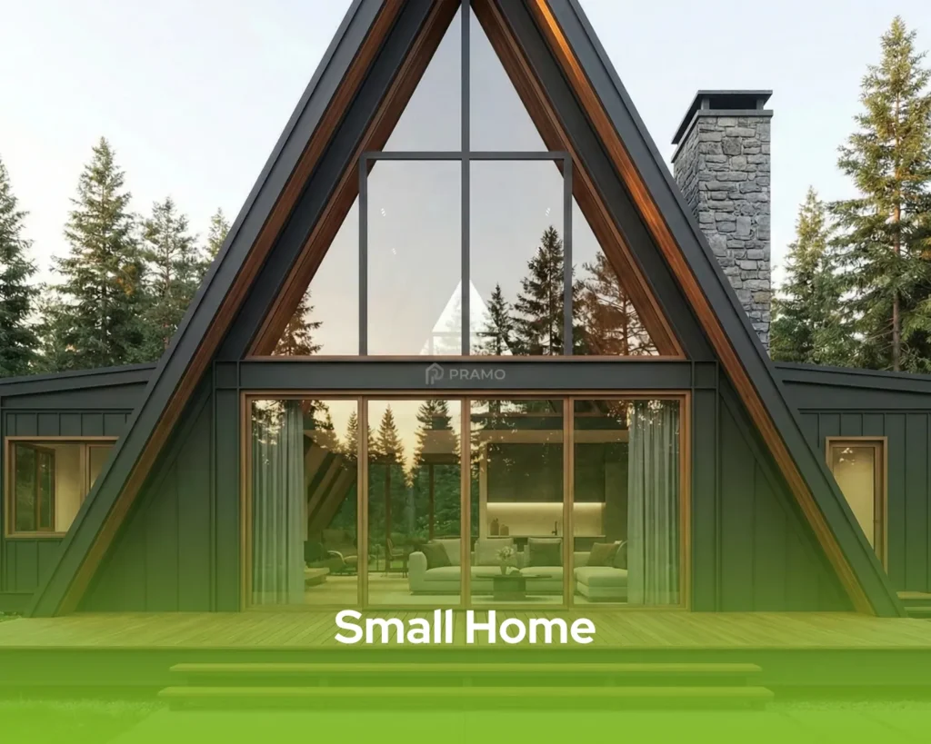 Eco-friendly small home with a modern triangular design integrated into a lush forest landscape.