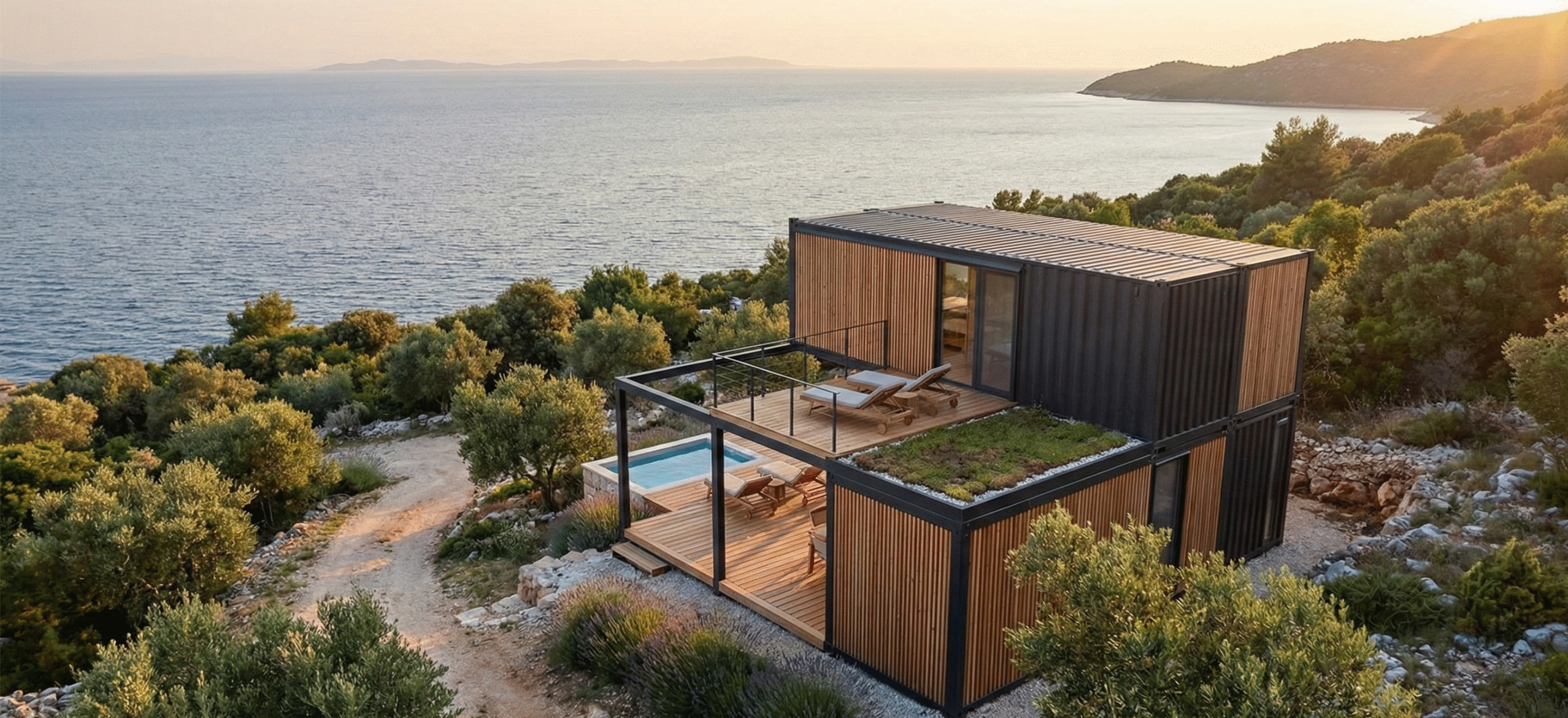 Modern white small summer house with a wooden deck surrounded by lush green trees and a blue sky."