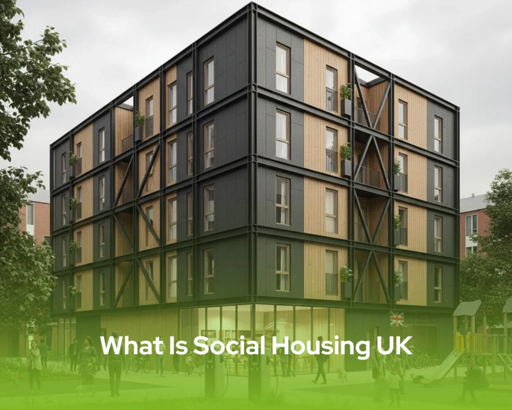 "A modern modular estate showcasing what is social housing UK looks like with high-quality, sustainable prefabricated architecture."