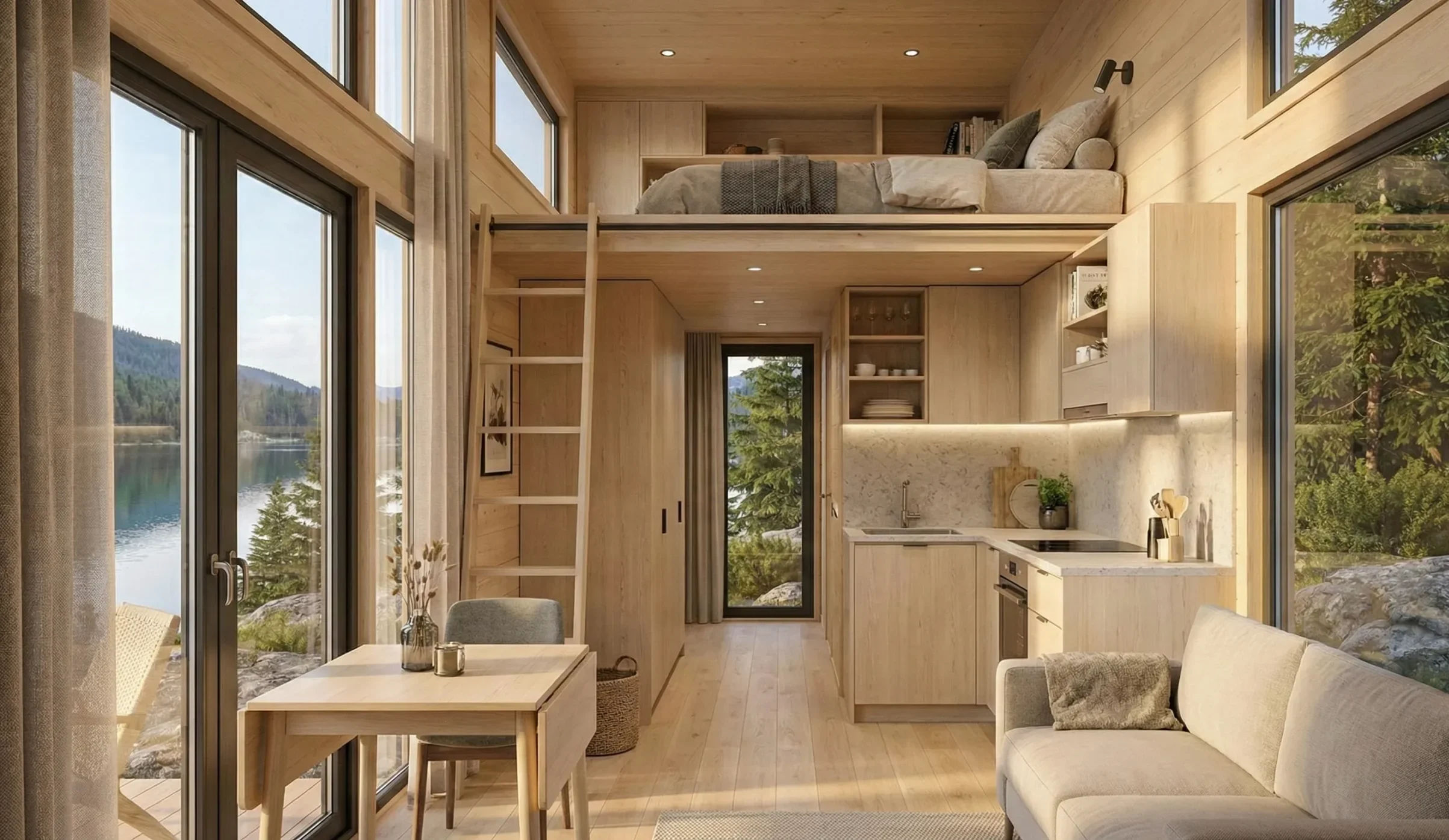 An example of eco-friendly micro houses designed for minimalist living, highlighting the seamless connection between indoor comfort and the surrounding nature.