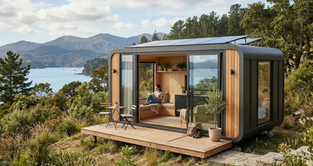 Modern minimalist pod homes located in a forest setting for eco-friendly living.