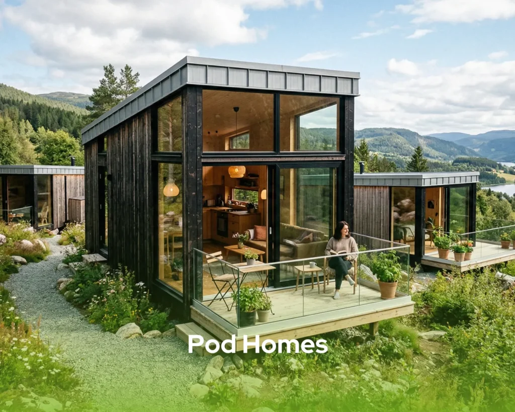 Pramo prefabricated pod homes being installed on a residential lot with a crane.