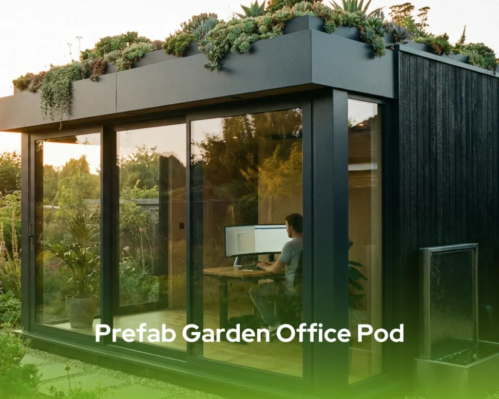 Modern prefab garden office pod exterior in a backyard; explore luxury workspace solutions at Pramo.