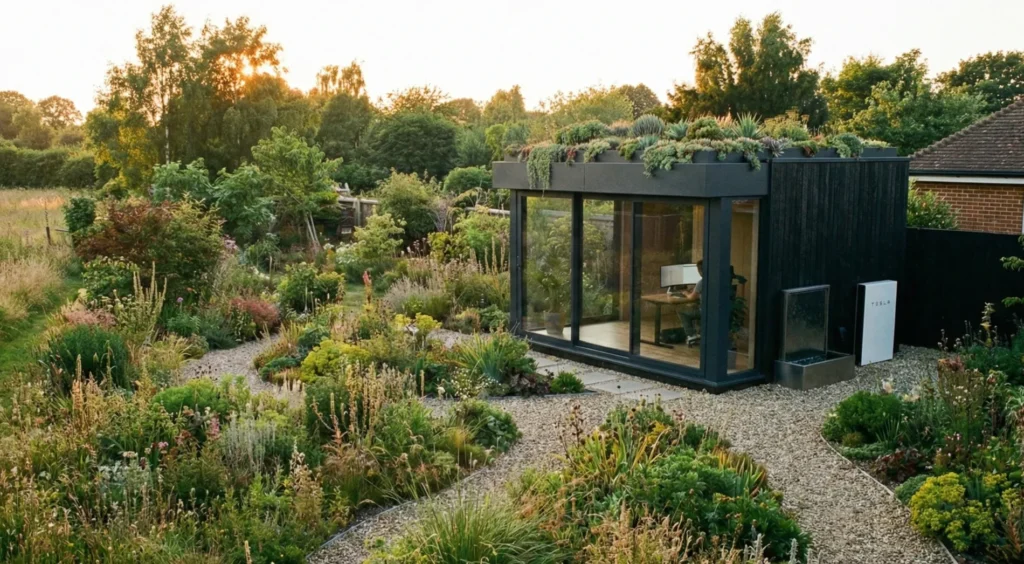 Sustainable prefab garden office pod construction using eco-friendly materials by Pramo Prefabricated.