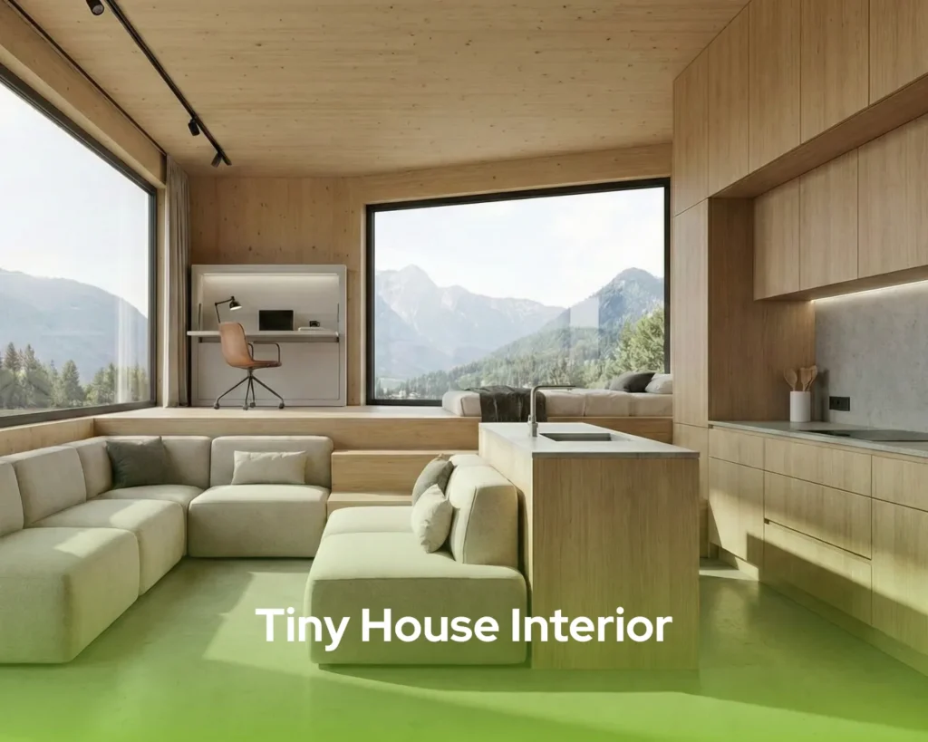 Seamless simple tiny house interior and exterior transition; contact Pramo Prefabricated to start building your tiny home now.