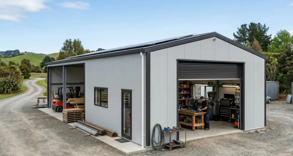 High-performance prefab insulated workshop by Pramo featuring double sectional doors; click for modular workshop designs.