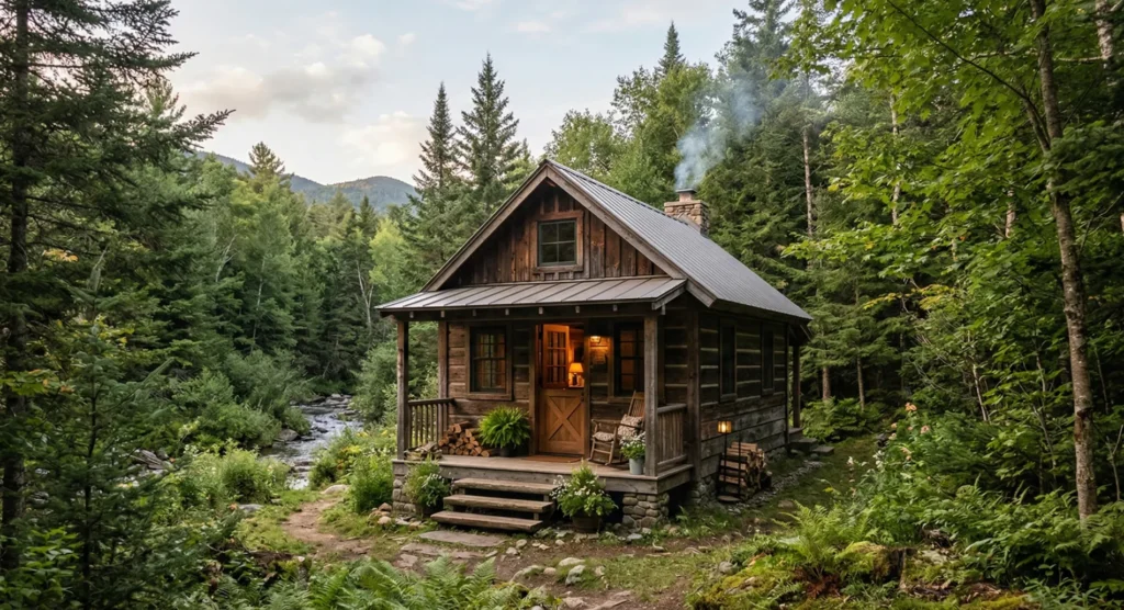 Modern minimalist small cabins with large glass windows in a mountain landscape; visit Pramo for your custom cabin quote.