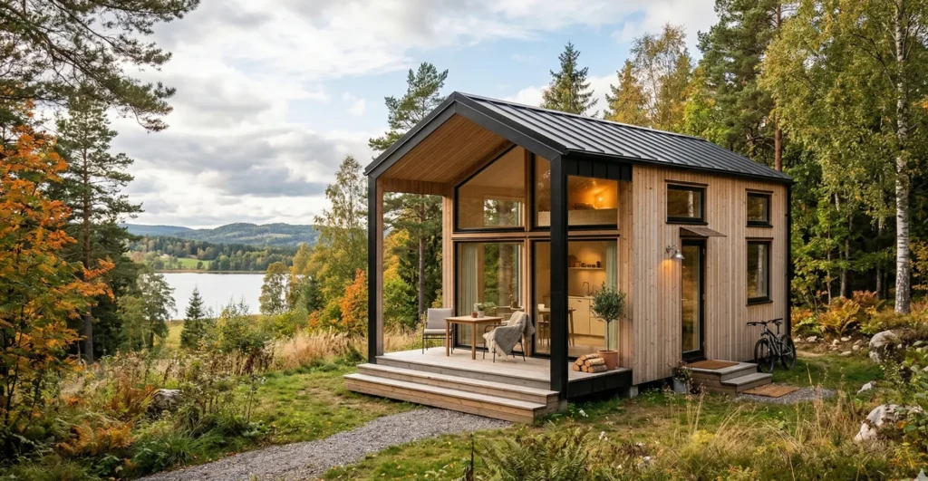 Modern minimalist small prefab homes in a forest setting; visit Pramo for custom modular designs.