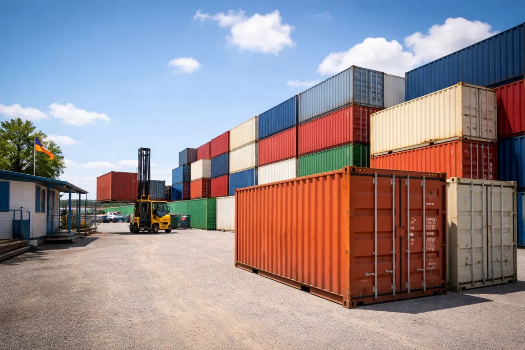 A yard of high-quality one-trip units for those looking at where to buy used shipping containers; visit Pramo for custom modifications.