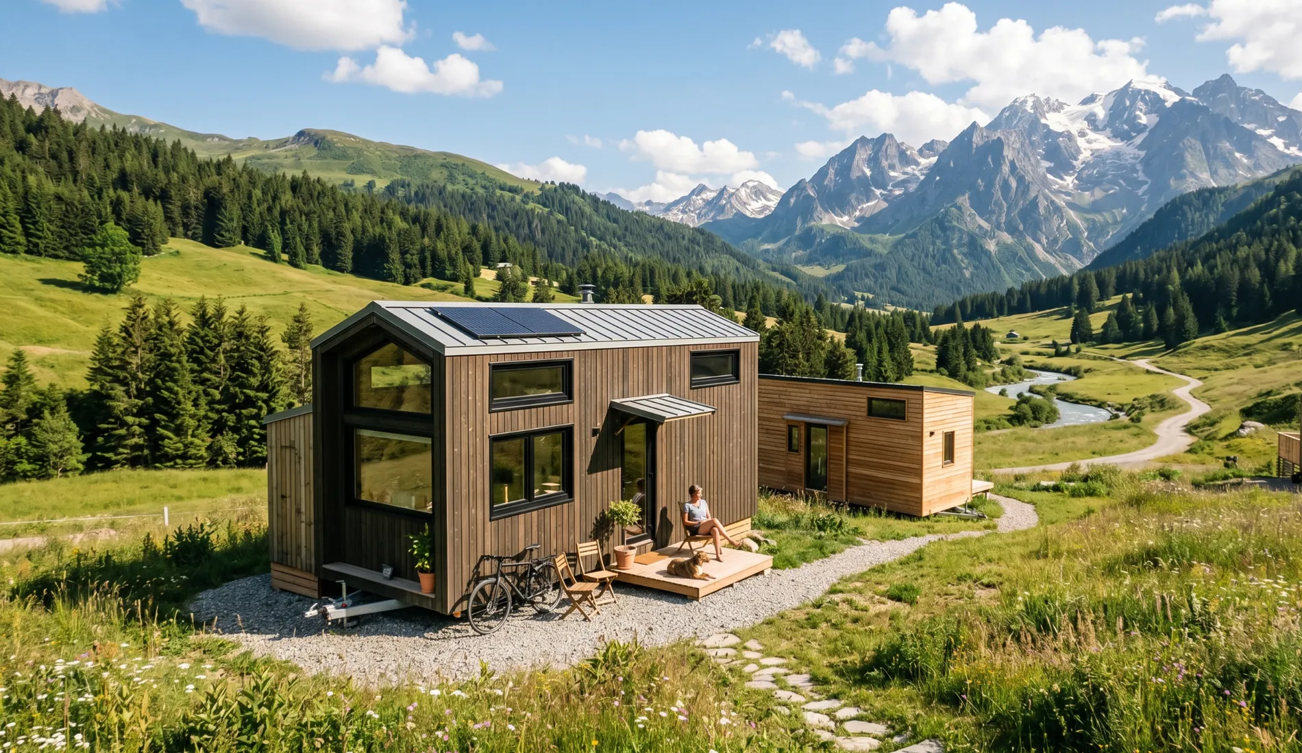 Modern Pramo portable houses unit in a scenic forest location.