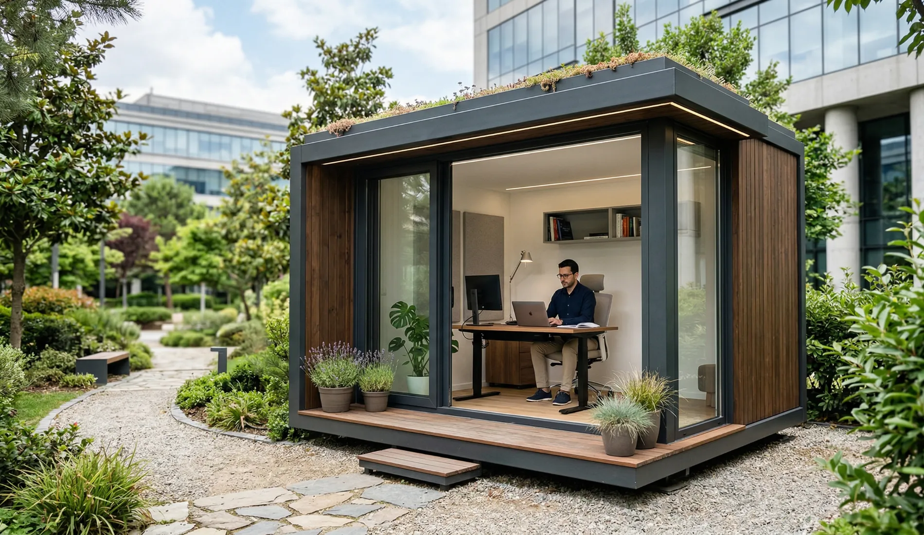 Modern minimalist prefab office pod in a residential garden setting; 2026 work-from-home trends.