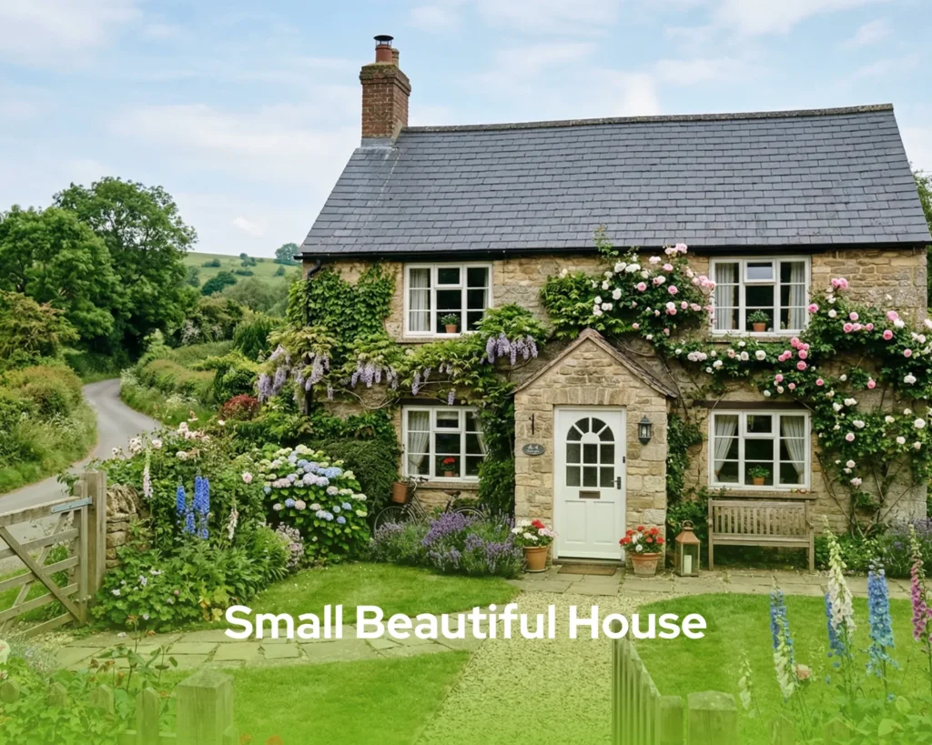 Interior view of a luxury small beautiful house showing open-plan living and panoramic windows; get a quote.