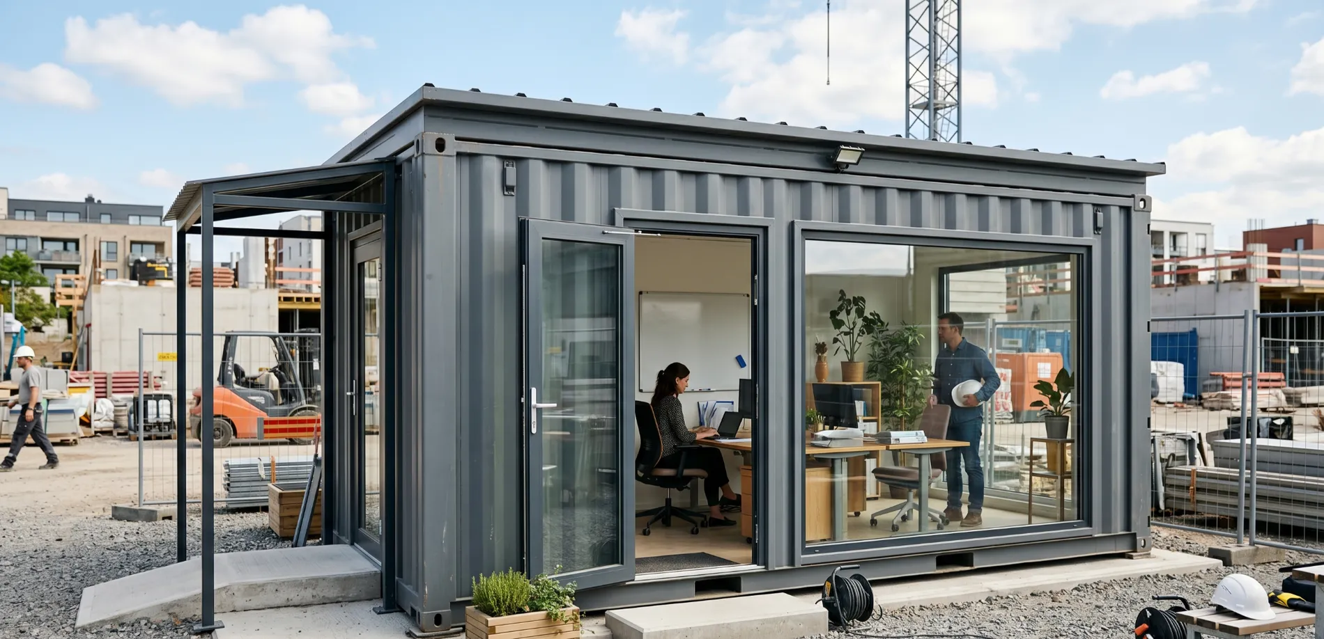 Modern Pramo modular unit explaining what is container office design in an urban setting.