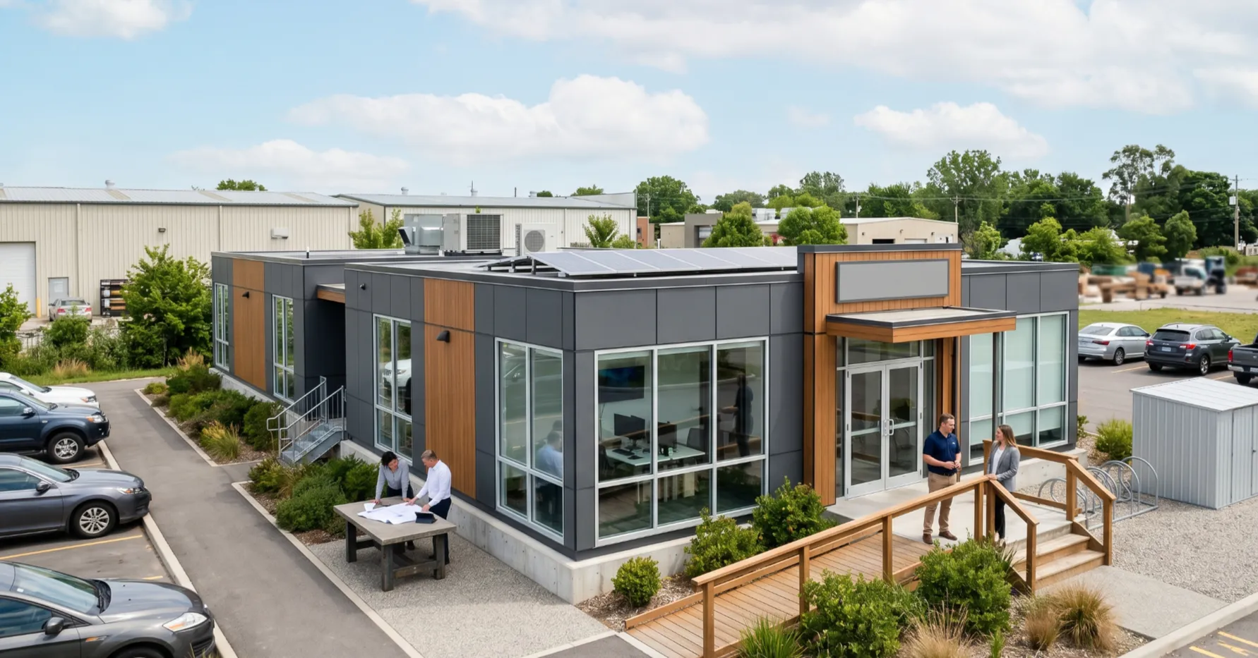 Modern Pramo modular office unit; a perfect example of a flexible business structure for corporate growth. Click to see our modular office solutions.