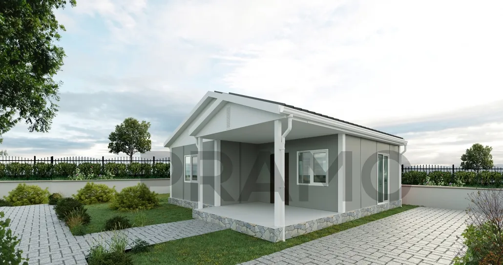 Modern Pramo flat packed houses unit; showcasing the sleek design of a 2026 prefab house. Click to see our floor plans.