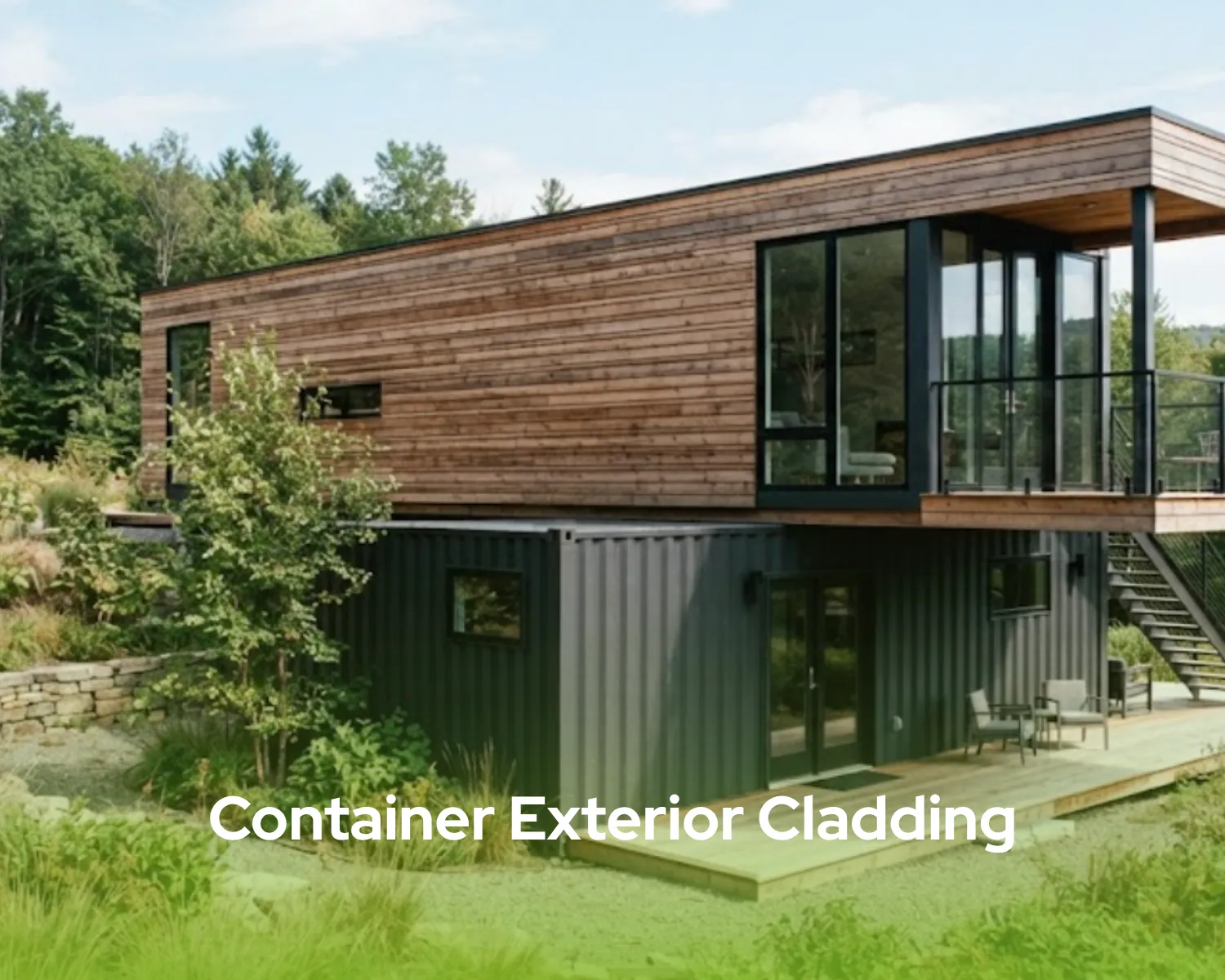 Container exterior cladding installation with weather-resistant materials for functional and comfortable modular structures.