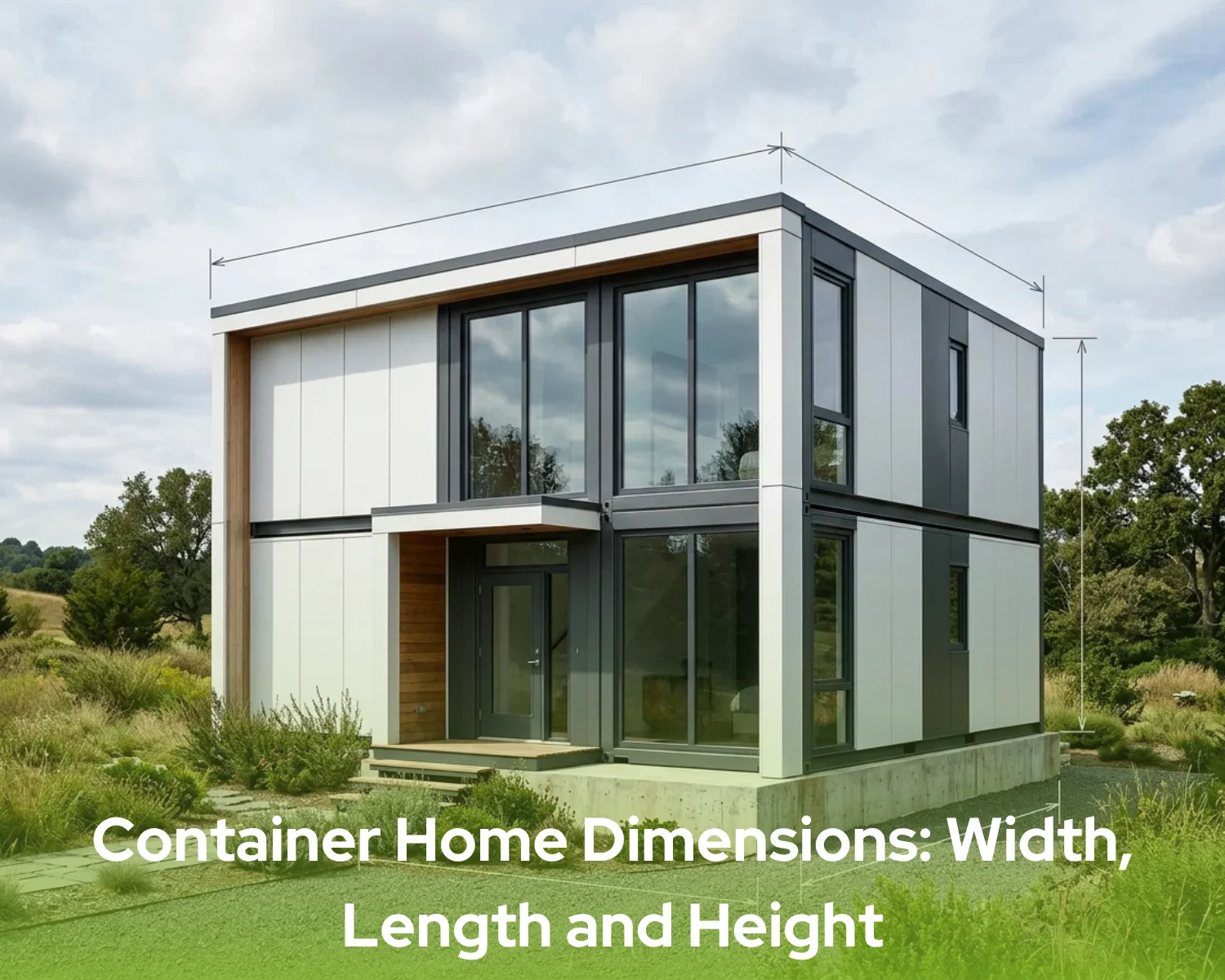 Container home dimensions showing width, length and height of a modern modular home