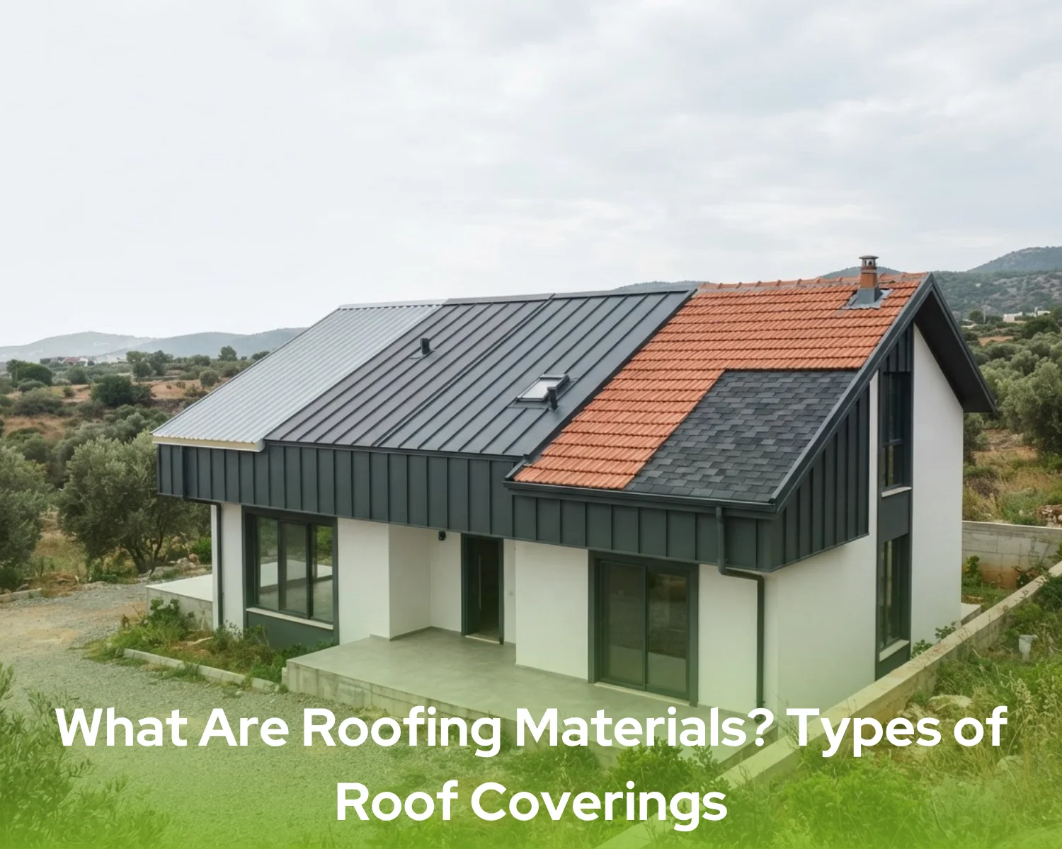 Different roofing materials and types of roof coverings on a modern building